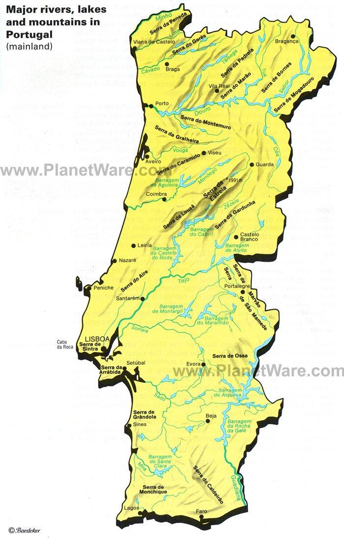 Portugal - Carte des principales rivières, lacs et montagnes
