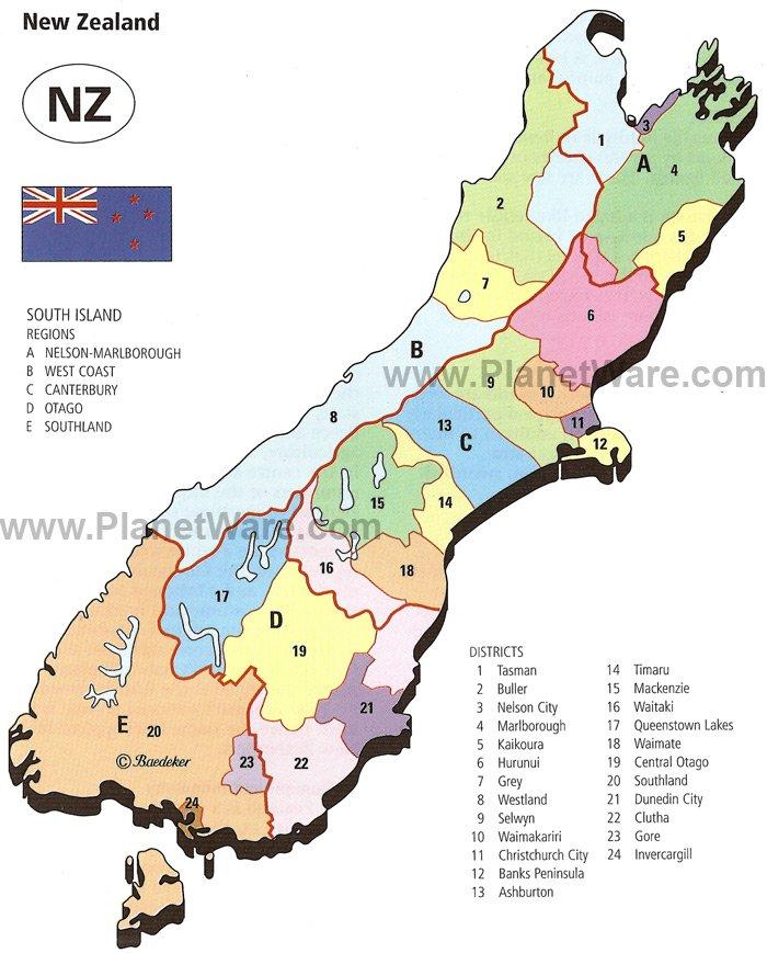 Nueva Zelanda - Mapa de Regiones y Distritos de la Isla Sur