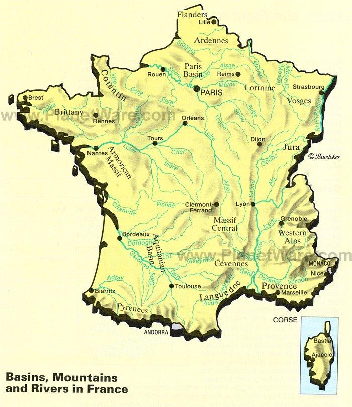 Karte der Becken, Berge und Flüsse in Frankreich