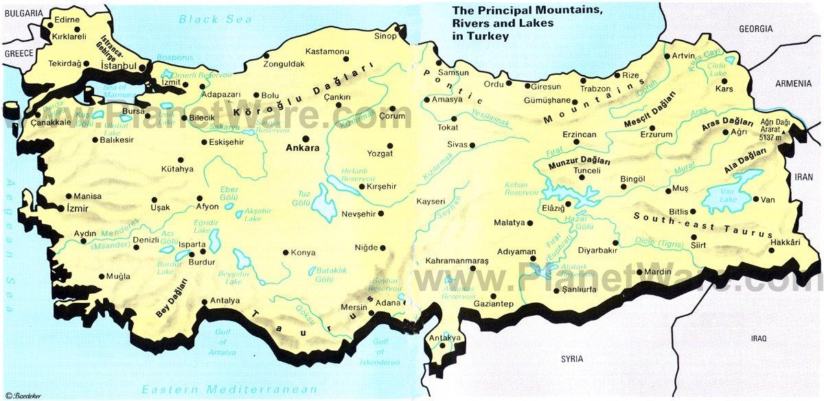 Carte des Principales Montagnes, Rivières et Lacs en Turquie