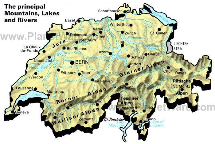 Suiza - Mapa de montañas, lagos y ríos