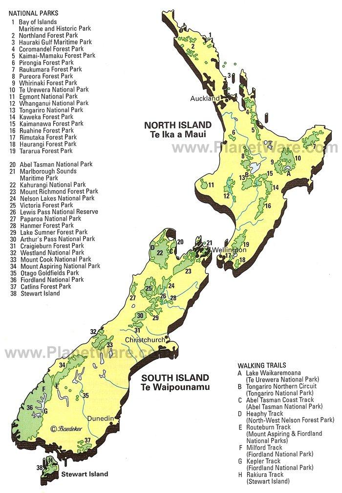 Carte des Parcs Nationaux de Nouvelle-Zélande et des Sentiers de Randonnée