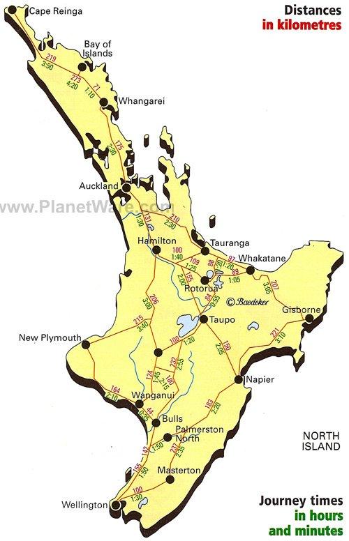 Nueva Zelanda - Mapa de Tiempos de Viaje de la Isla Norte