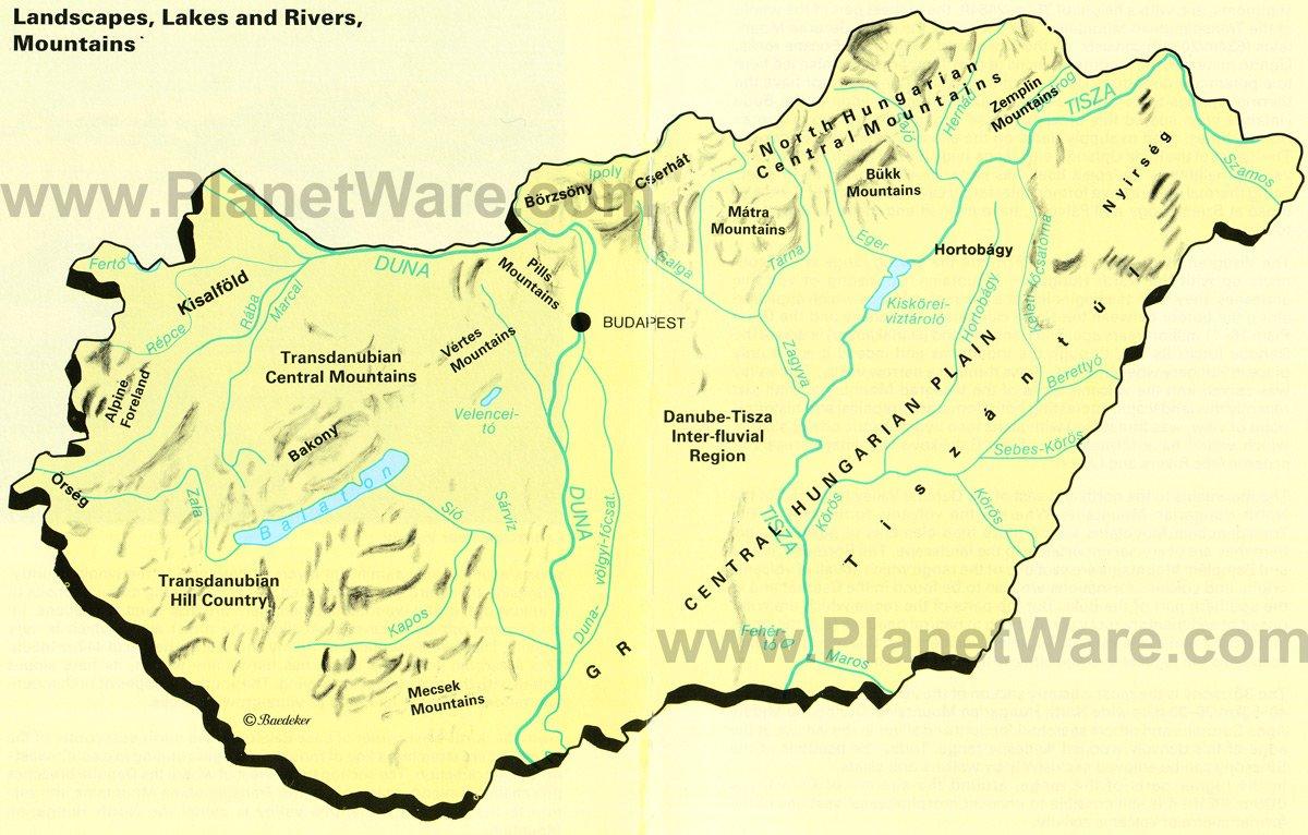 Hongrie - Carte des Paysages, Lacs et Rivières, Montagnes
