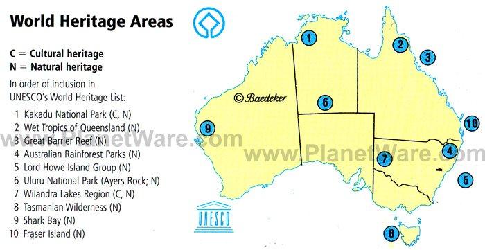 Australia - Mapa de Áreas Patrimonio de la Humanidad